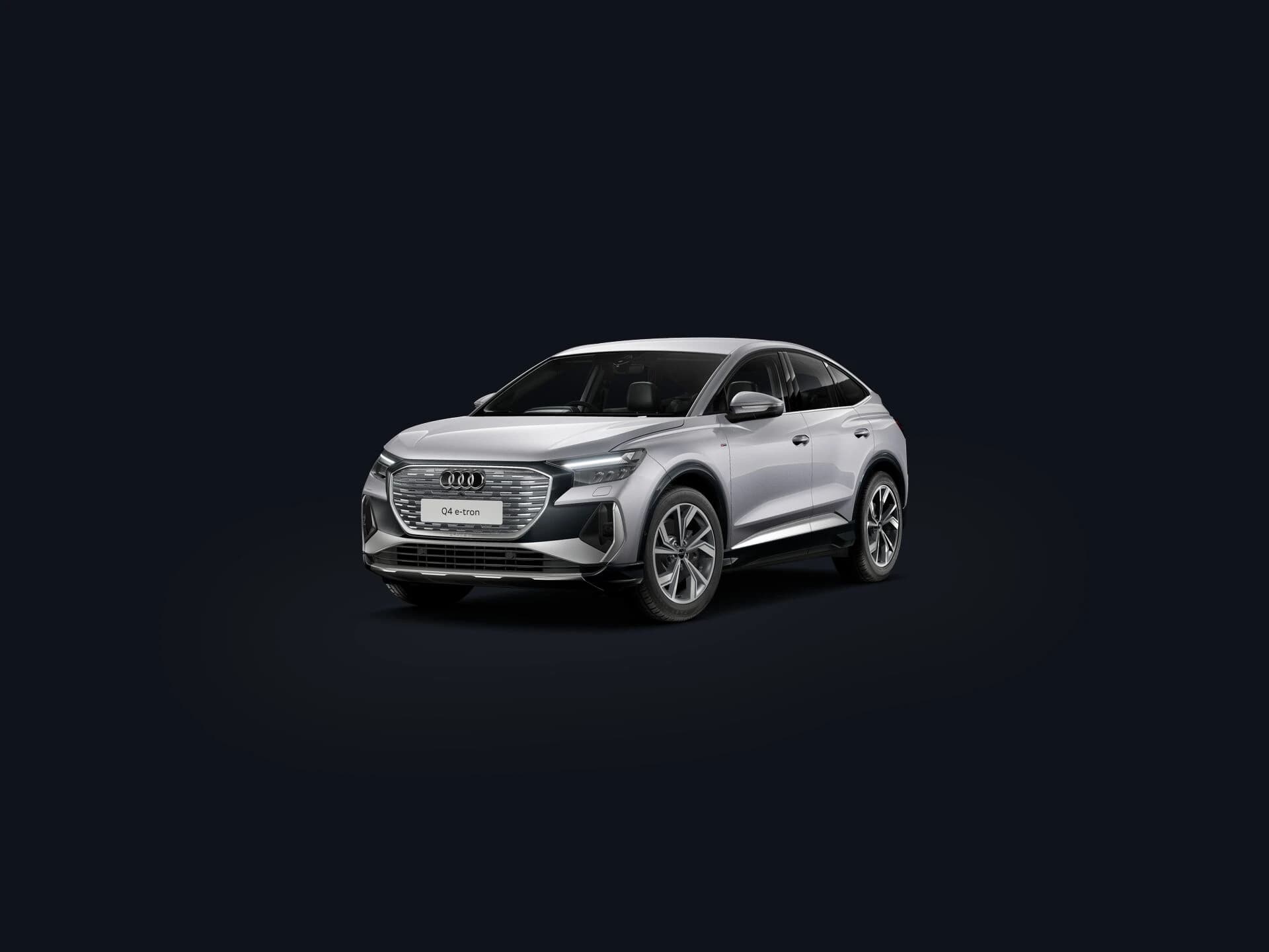 2026 Audi Q4 Sportback e-tron in Geyser Blue showing the coupe-style roofline that defines the Sportback body