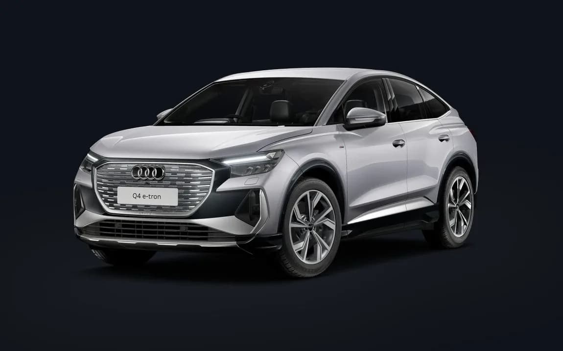 2026 Audi Q4 Sportback e-tron in Geyser Blue showing the coupe-style roofline that defines the Sportback body