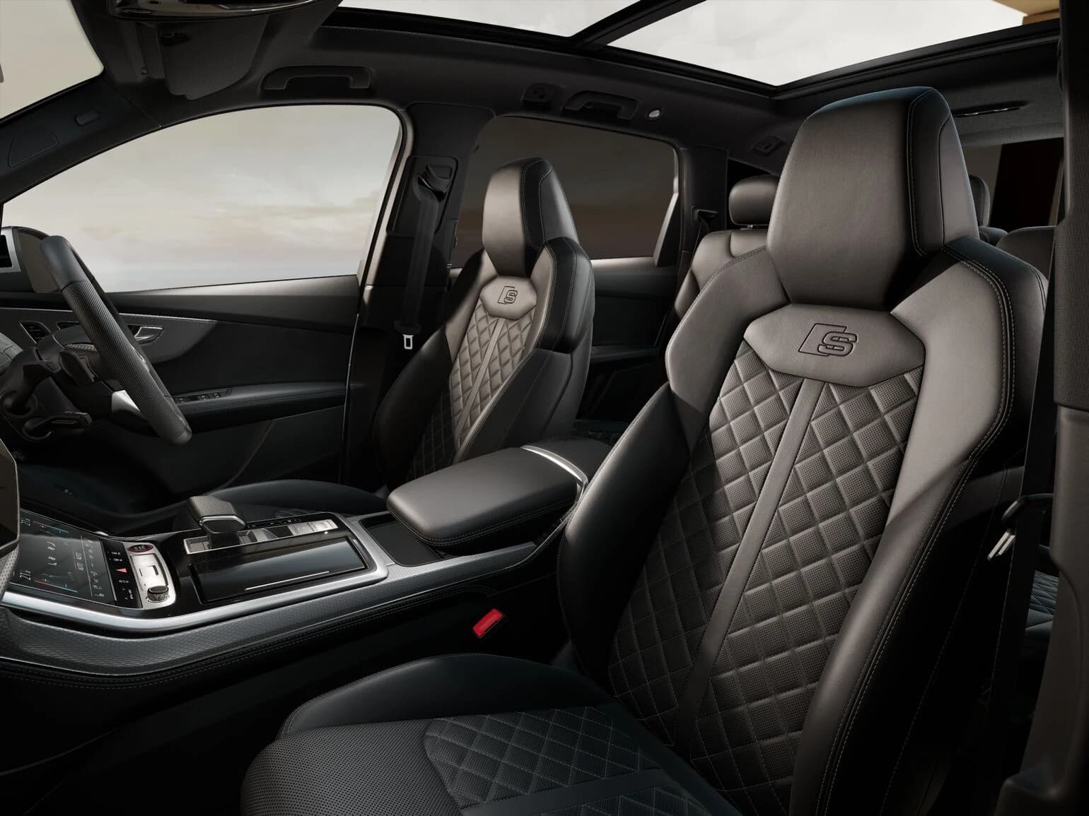 2026 Audi SQ7 interior showing S sport front seats in Valcona leather with diamond stitching, panoramic sunroof and digital cockpit