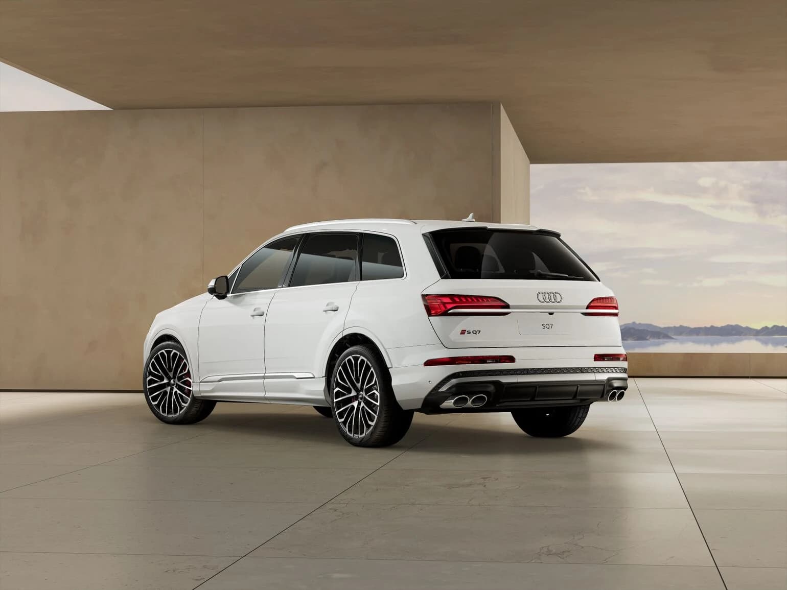 2026 Audi SQ7 rear three-quarter view showing dual exhaust outlets and SQ7 badging