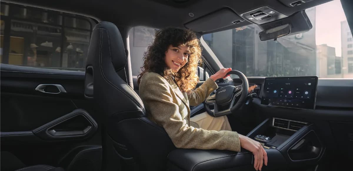 BYD Atto 2 DM-i interior showing rotating touchscreen and column shifter