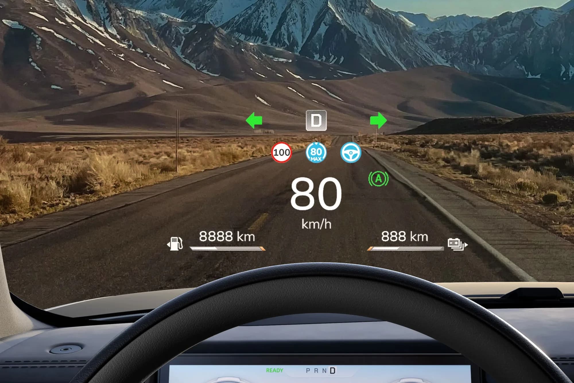 Chery Stockman head-up display projecting speed, speed limit, gear and fuel and battery range onto the windscreen