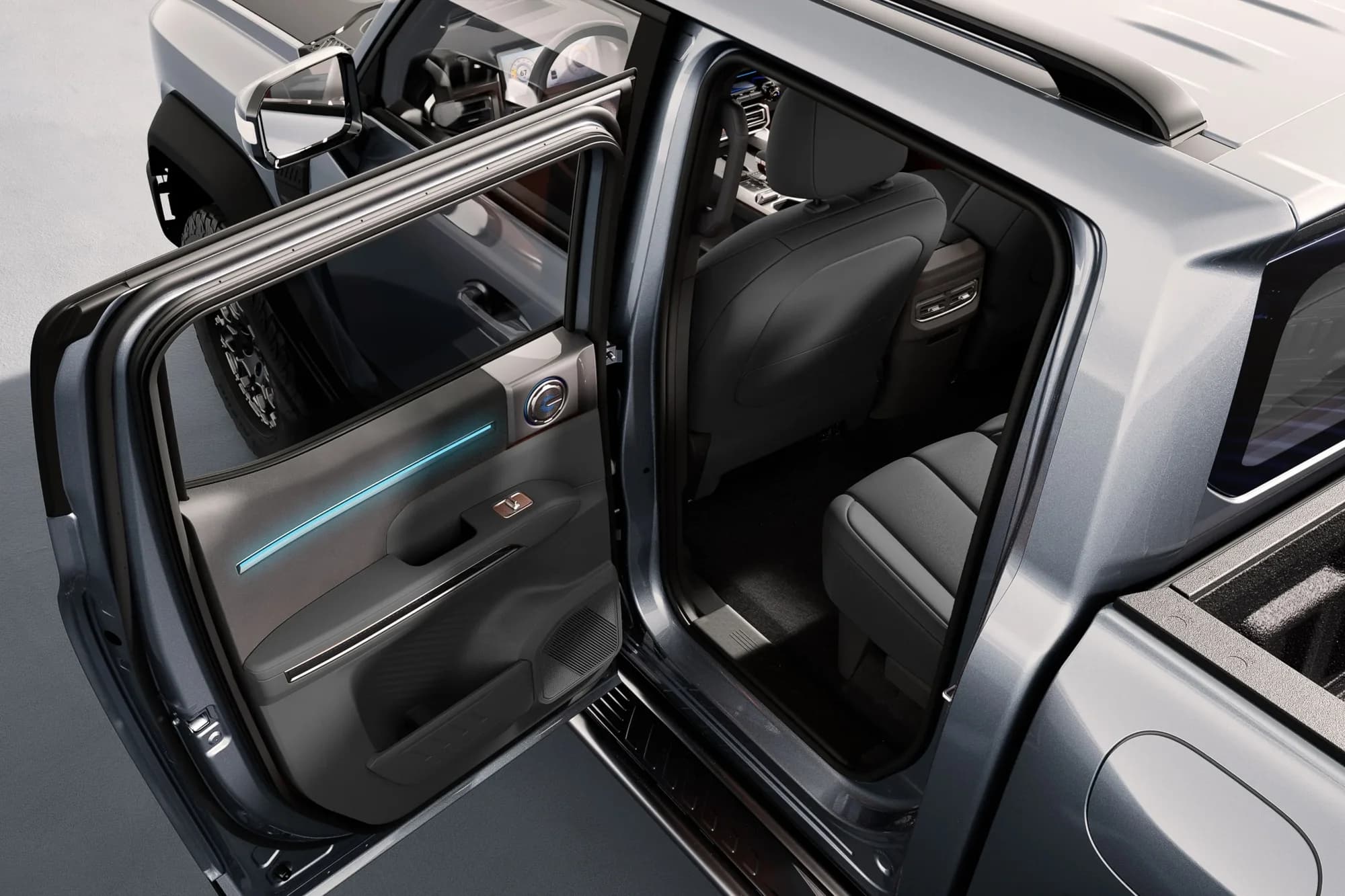 Chery Stockman rear door open showing ambient-lit door card and second-row access