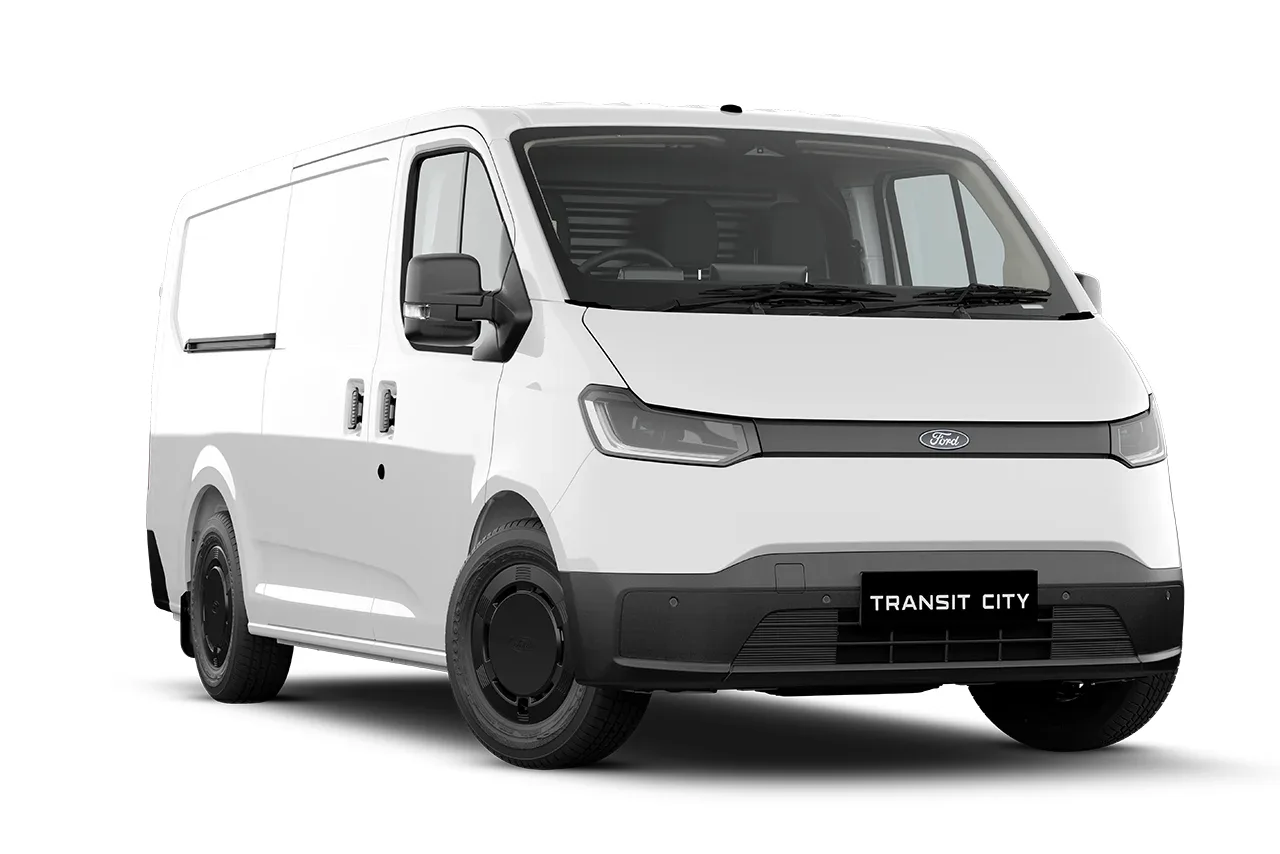 White Ford Transit City electric van, front three-quarter view on a plain white background