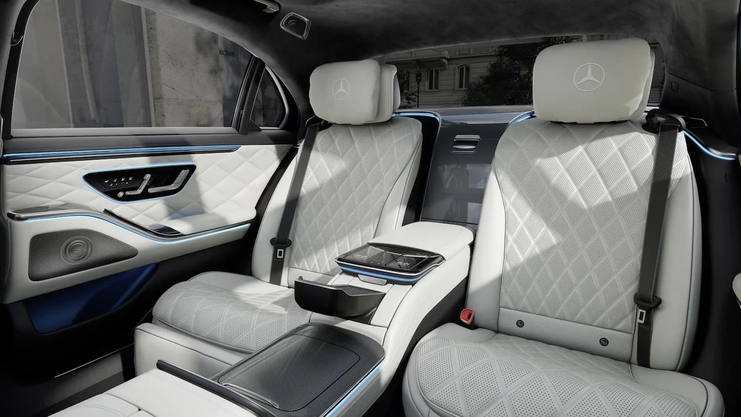Mercedes-Benz S-Class rear cabin in quilted white leather with centre-armrest tablet