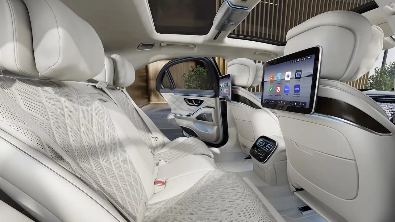 Mercedes-Benz S-Class long-wheelbase rear cabin with seatback entertainment screens