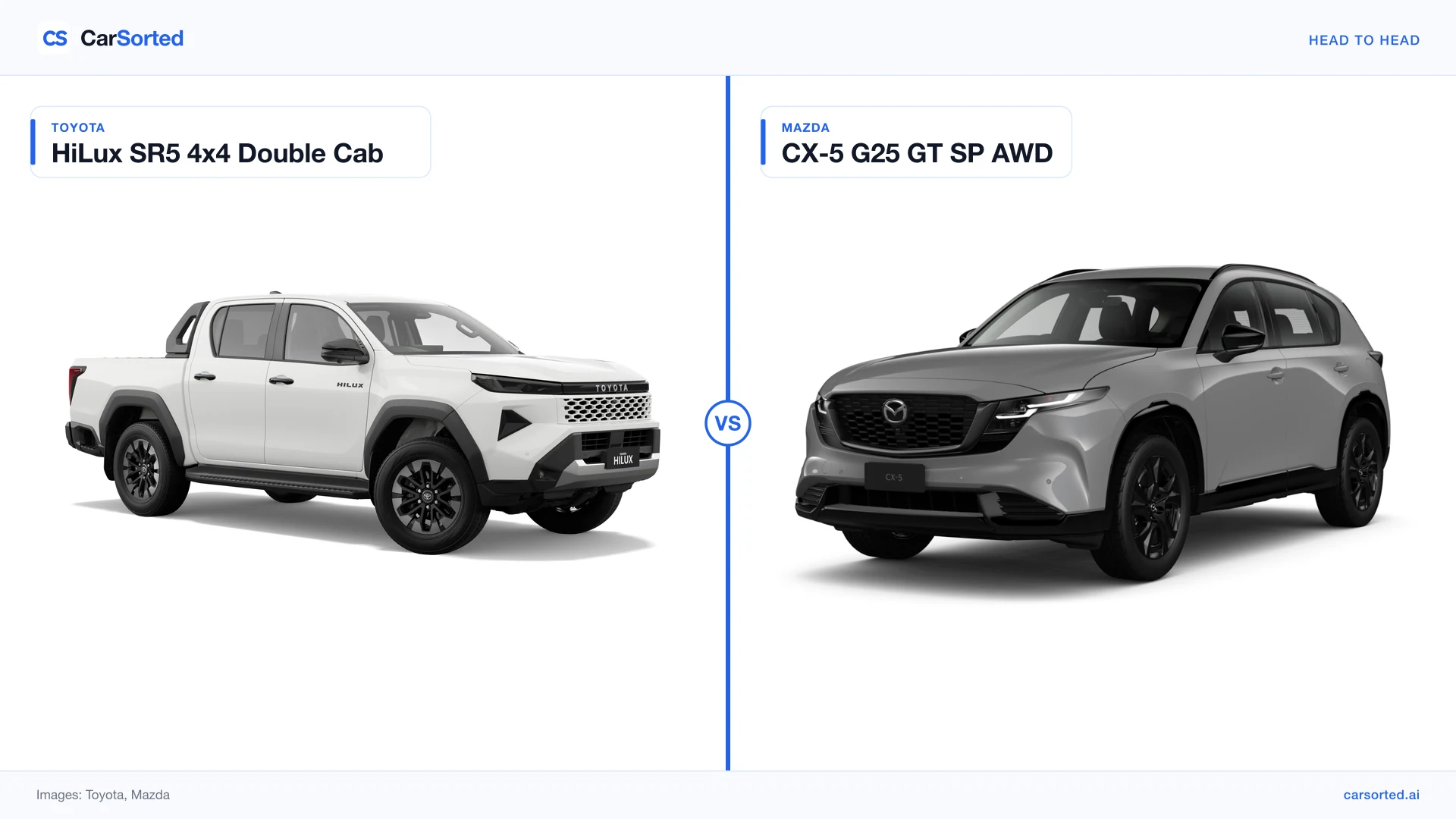 Toyota HiLux SR5 4x4 Double Cab (left) and Mazda CX-5 G25 GT SP AWD (right), front three-quarter manufacturer photos side by side