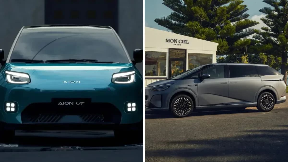 GAC Aion UT electric hatch front view beside an XPeng X9 electric people mover side view
