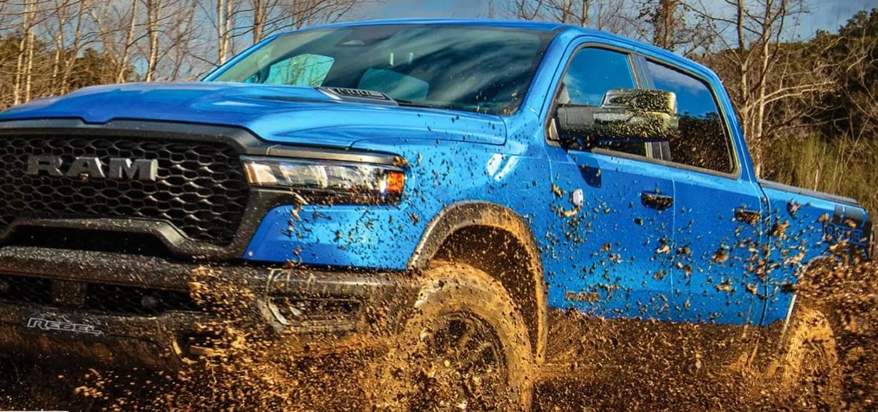 RAM 1500 Rebel in blue, front three-quarter view, the DT 1500 model named on Australian recall REC-006711