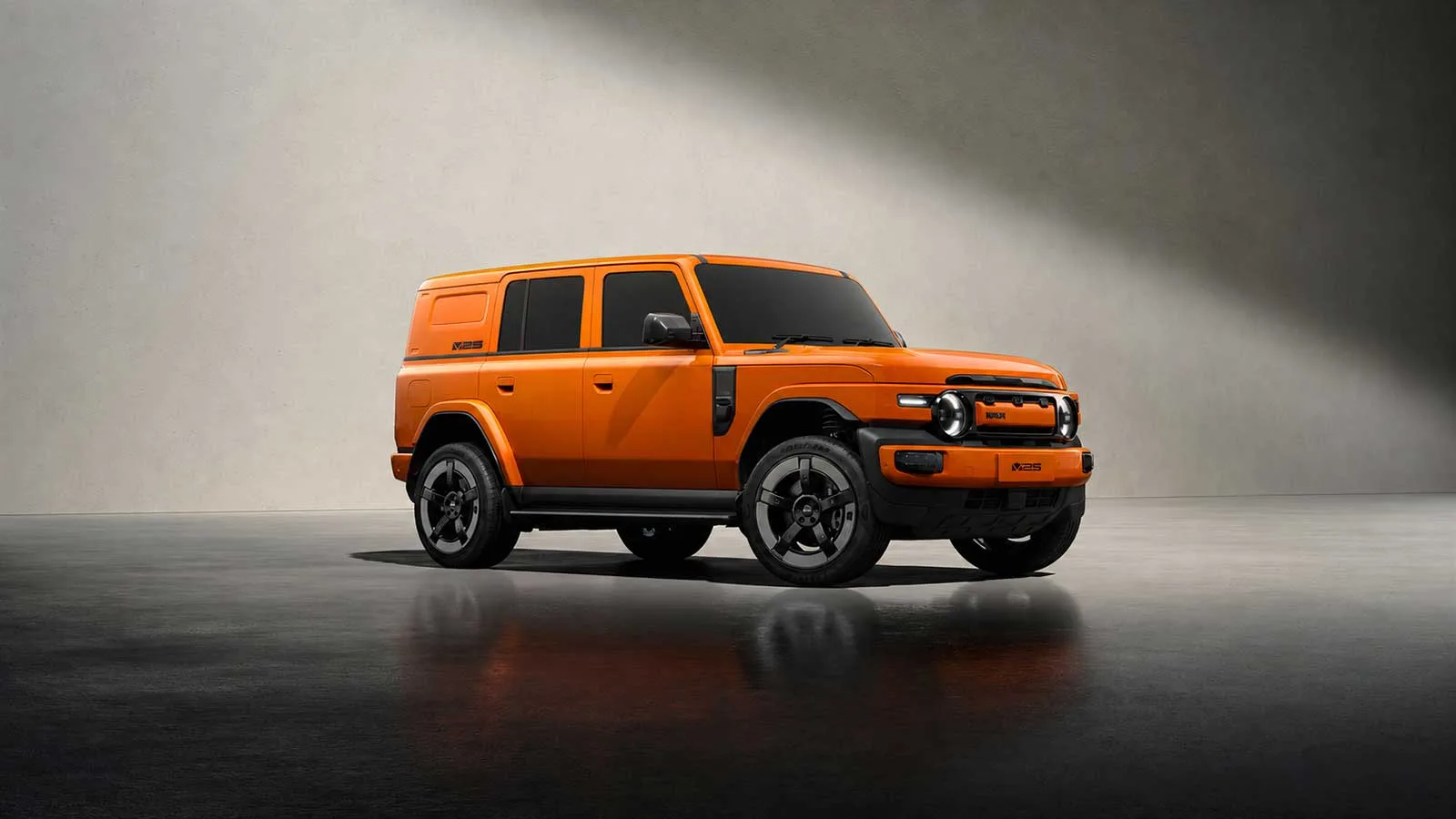 Orange iCAUR V25 electric SUV, front three-quarter studio shot showing round headlights and V25 badge
