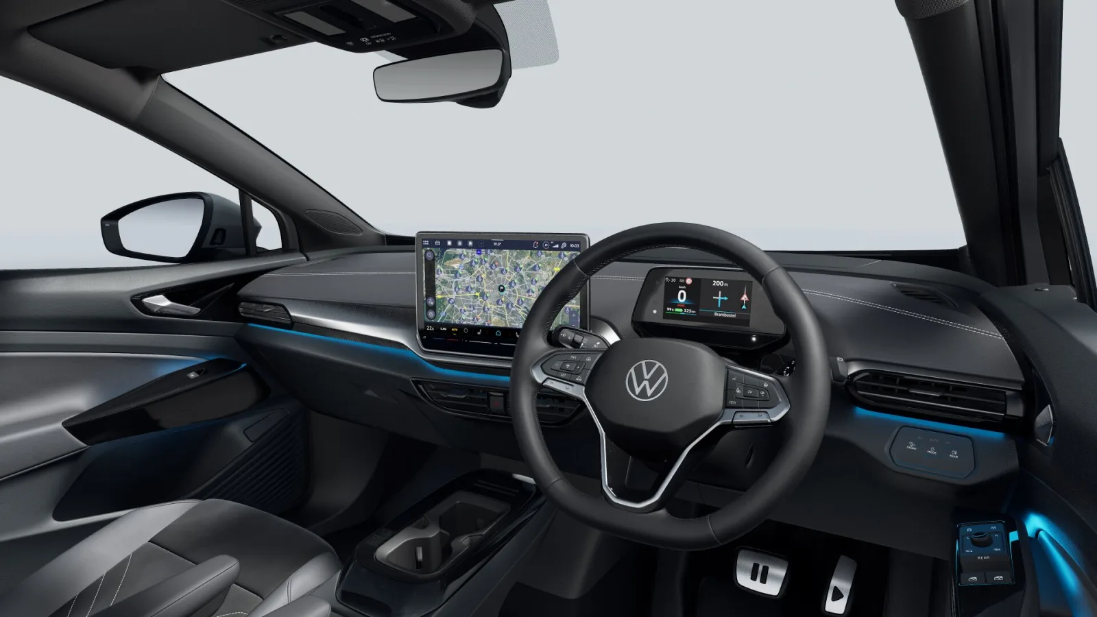 Model year 2027 Volkswagen ID.4 dashboard with the Innovision touchscreen showing a navigation map, right-hand drive