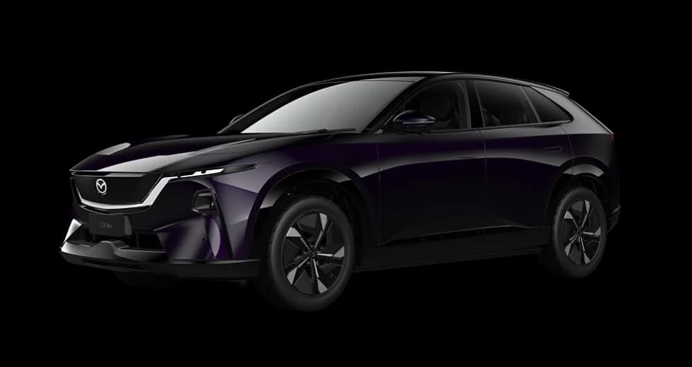 Mazda CX-6e GT electric SUV in Nightfall Violet Mica, front three-quarter view