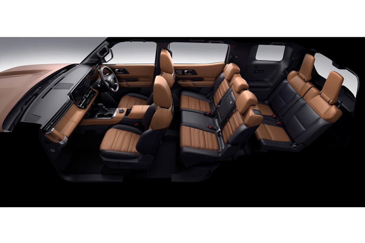 All-new Mitsubishi Pajero three-row seating cutaway in tan and black