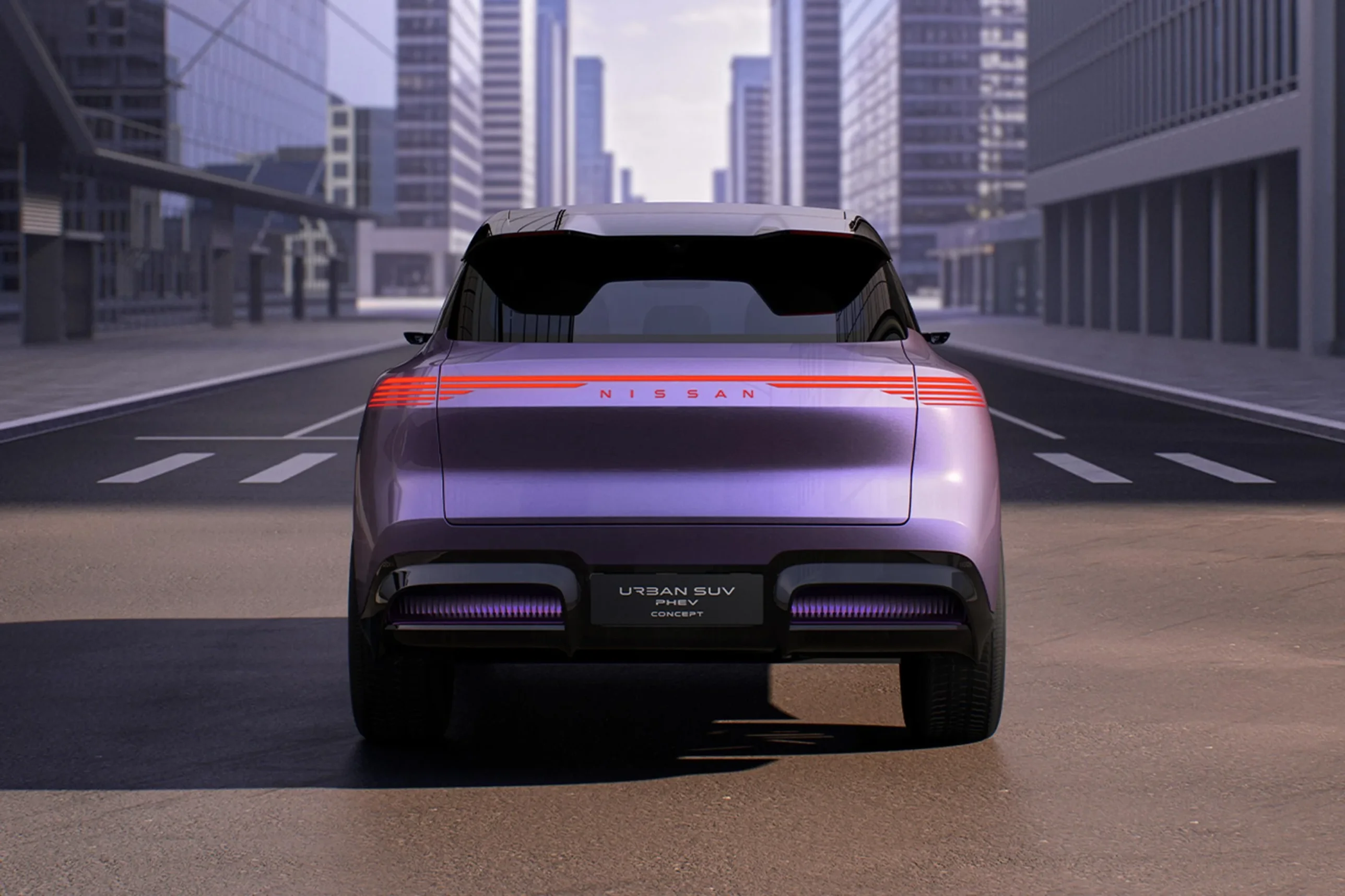 Nissan Urban PHEV rear view in purple with light bar and Nissan badge in city setting