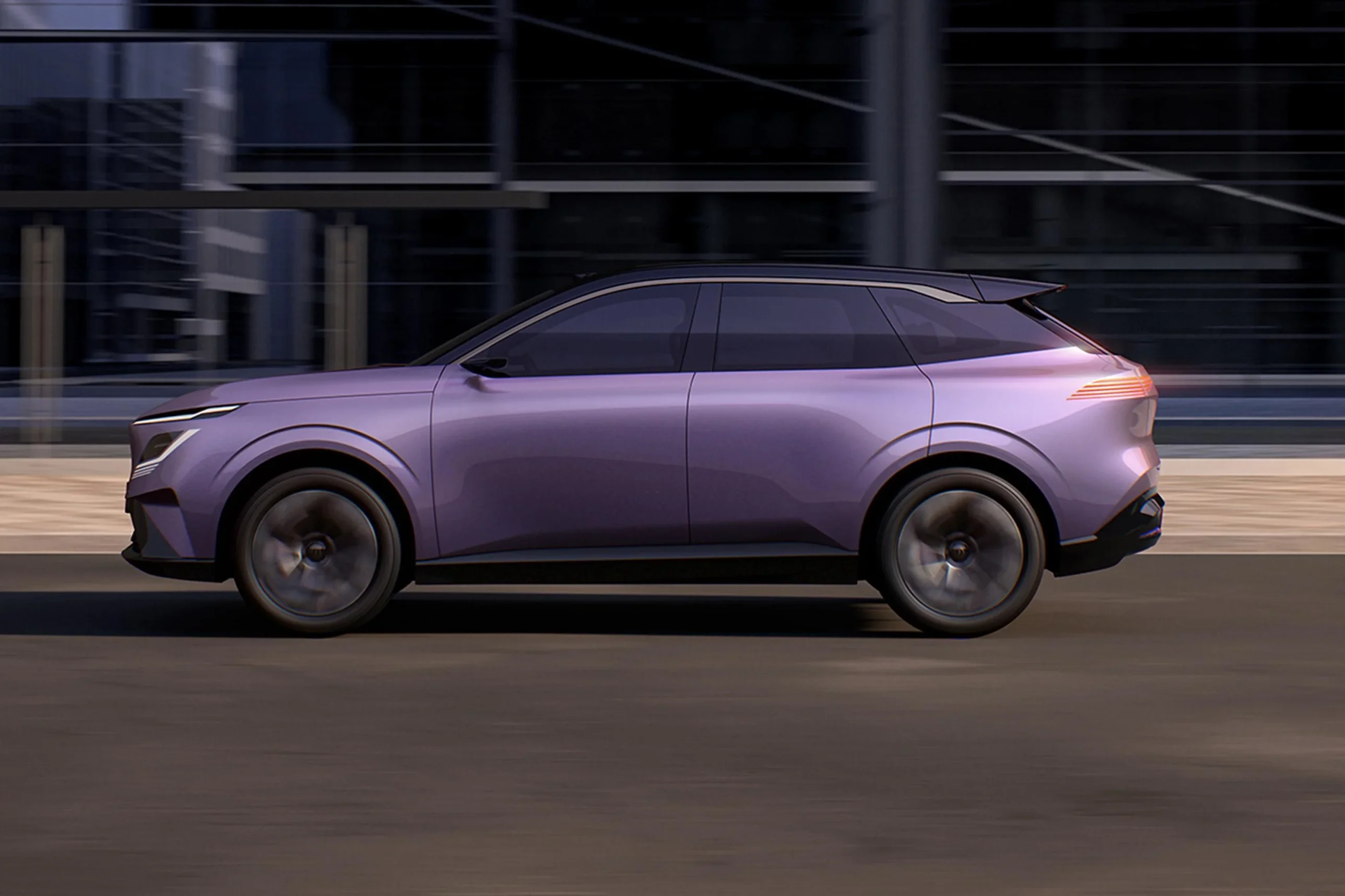 Nissan Urban PHEV concept side profile in purple driving past a building