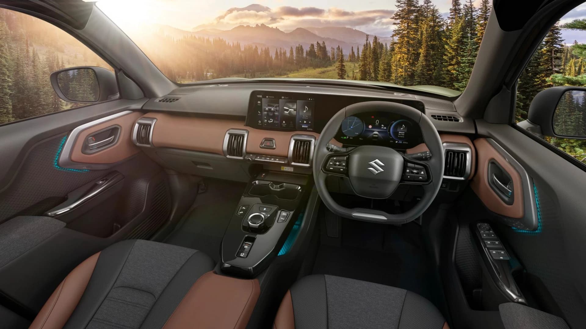 2026 Suzuki e Vitara interior with brown and black two-tone trim, large central touchscreen and digital instrument cluster