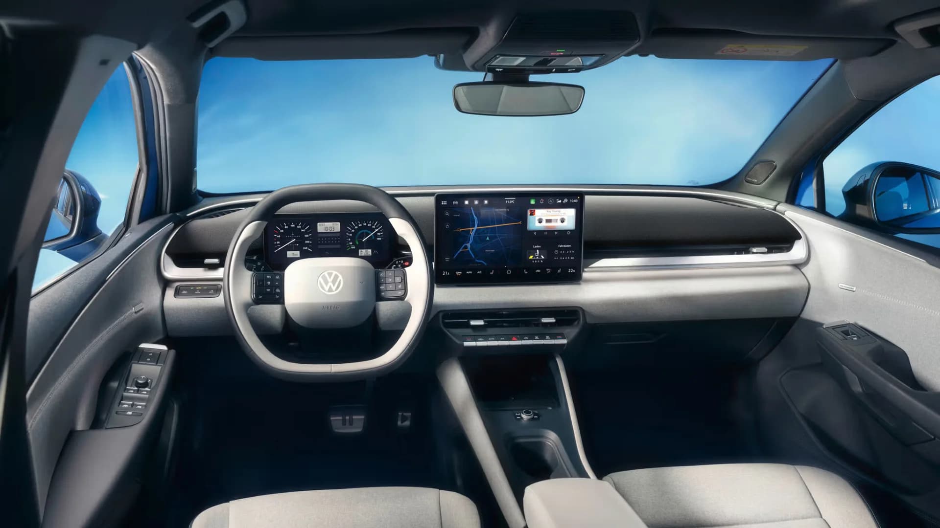 2026 Volkswagen ID. Polo interior dashboard with 13-inch central touchscreen, 10-inch digital cluster and physical control buttons