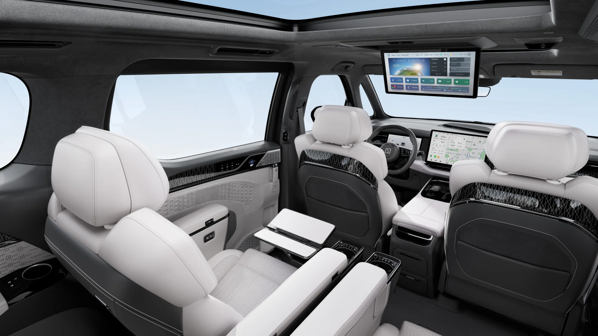 Zeekr 009 middle-row executive seats with fold-out tables and rear entertainment screen
