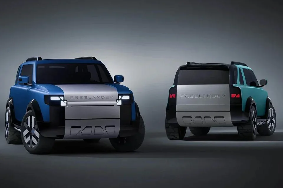 Freelander Concept 97 small off-road SUV in blue and teal two-tone with retro Defender-style square design