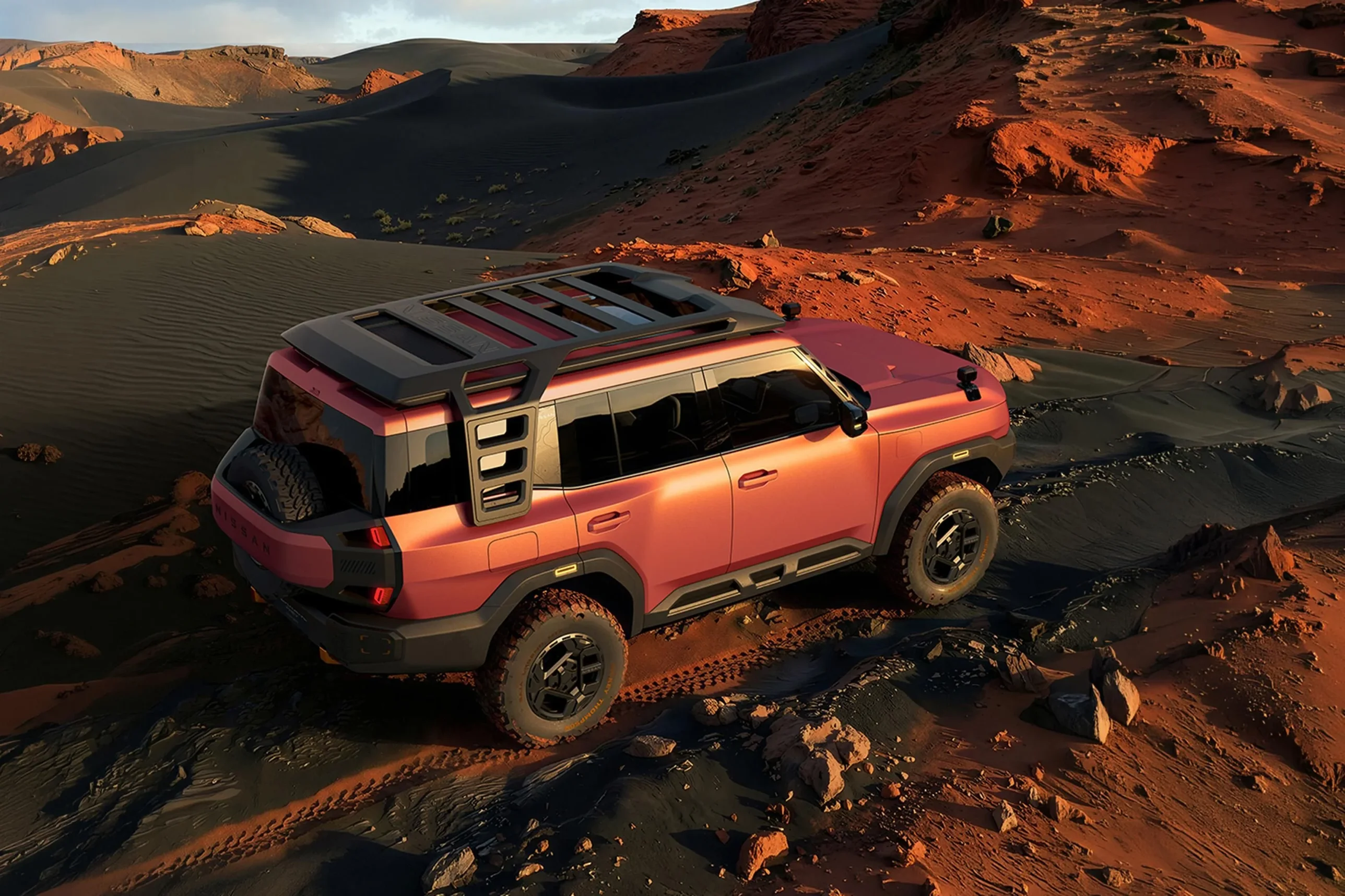 Nissan Terrano PHEV concept top view in desert showing roof rack and topographical C-pillar graphics