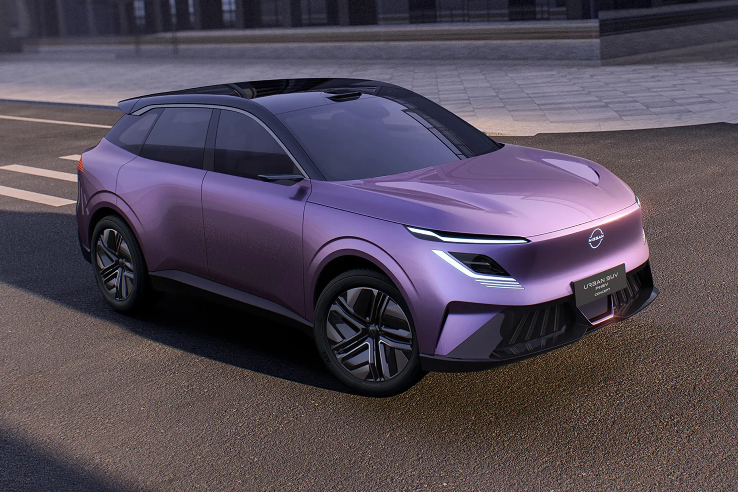 Nissan Urban PHEV concept in purple parked on a street with sleek modern styling