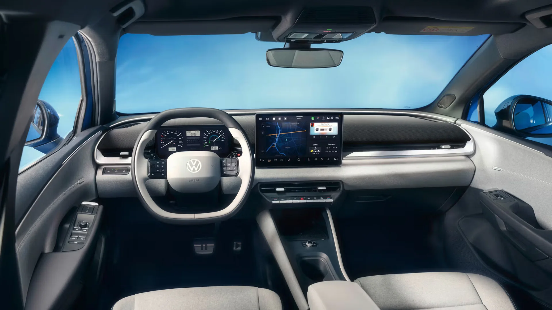 2026 Volkswagen ID. Polo interior dashboard with 13-inch central touchscreen, 10-inch digital cluster and physical control buttons