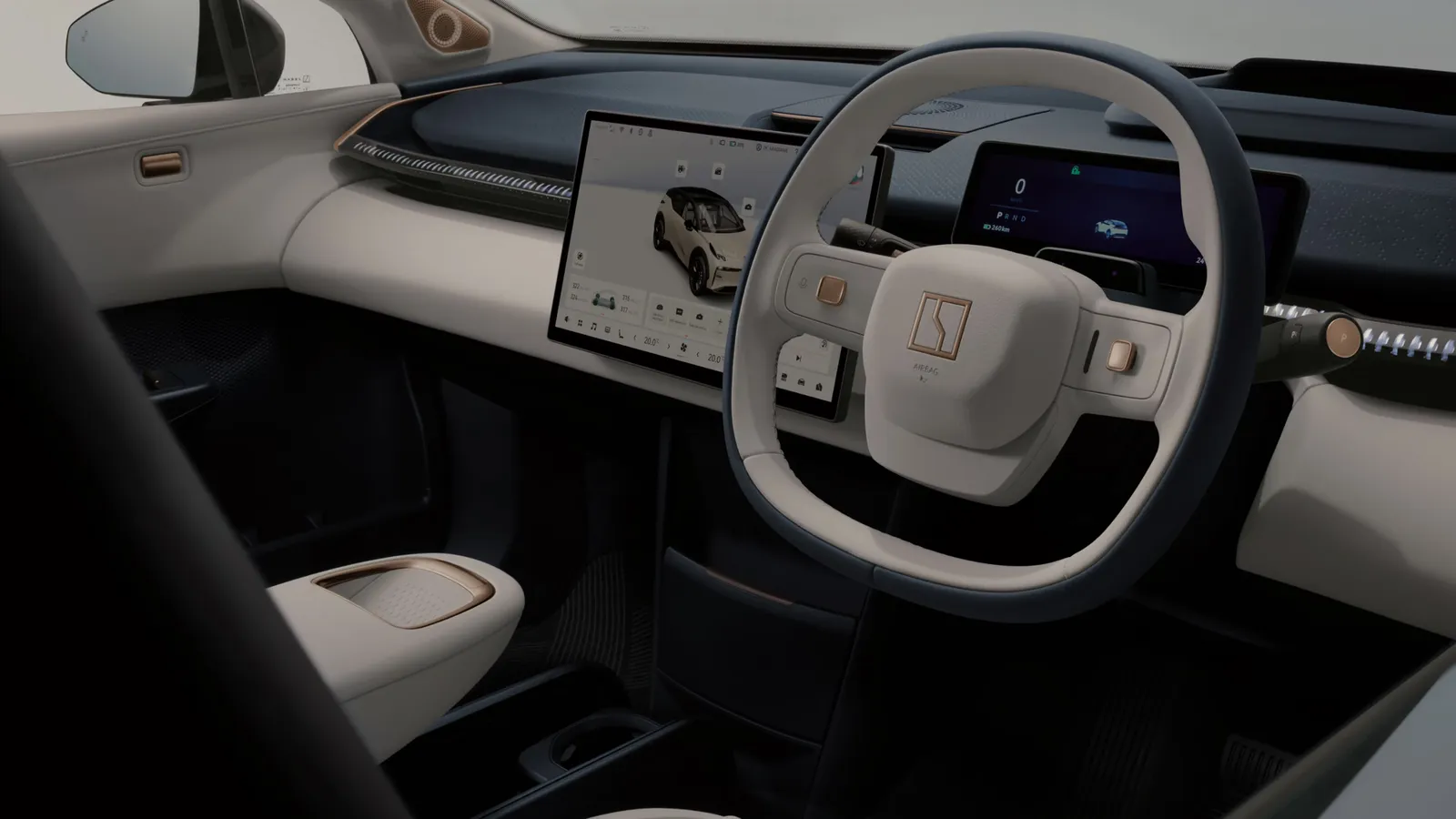 Zeekr X driver's position showing floating touchscreen and circular steering wheel