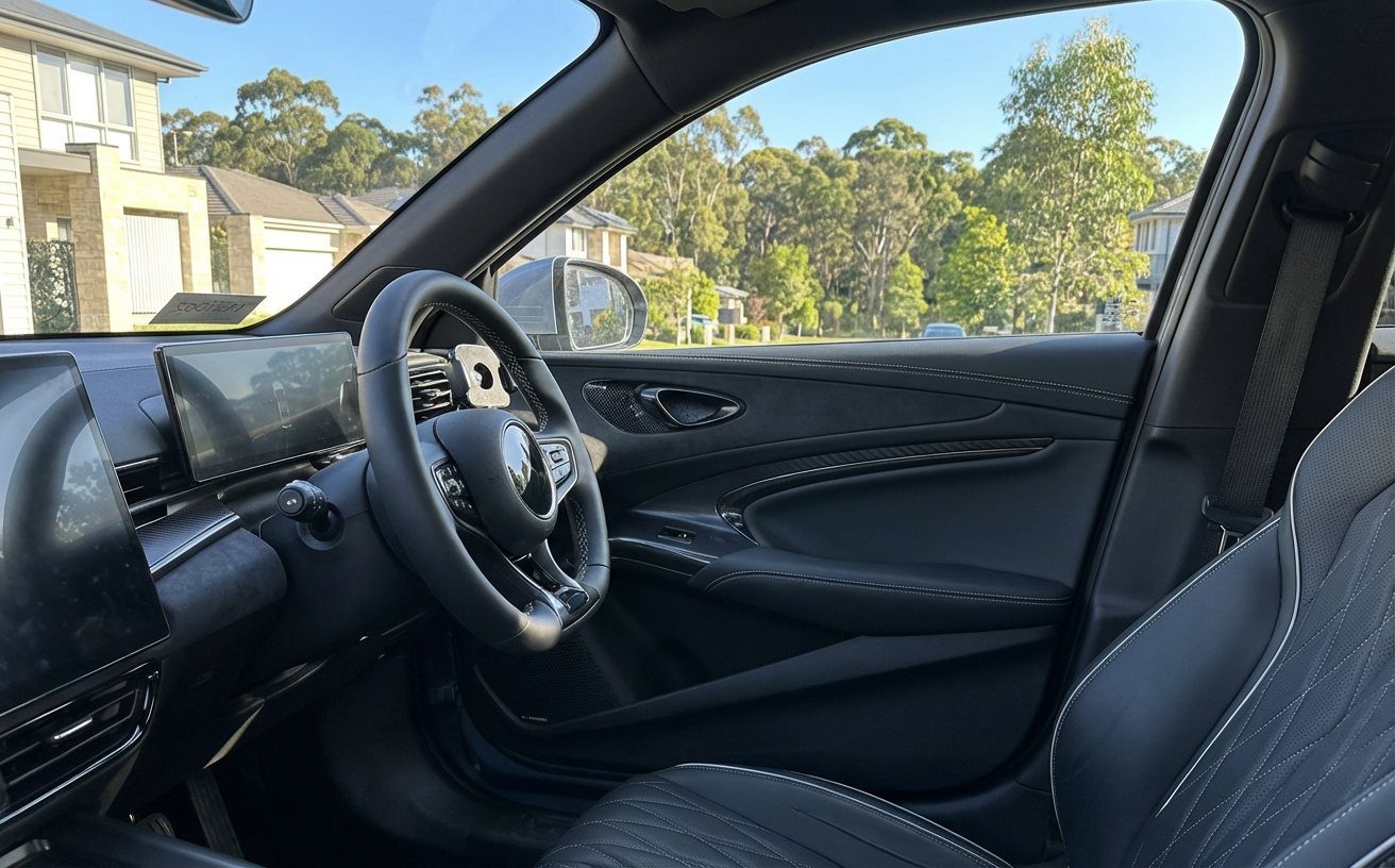 BYD Seal interior from the driver's seat showing the rotating screen and dashboard