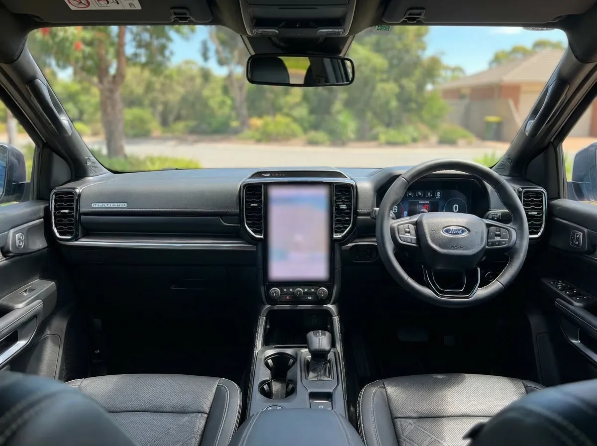 Ford Ranger Platinum interior showing steering wheel, touchscreen display, and full windscreen view from driver's position